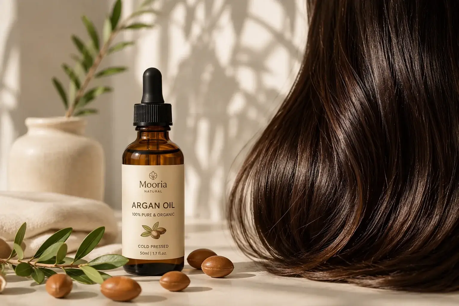 A bottle of argan oil next to healthy hair, clean aesthetic
