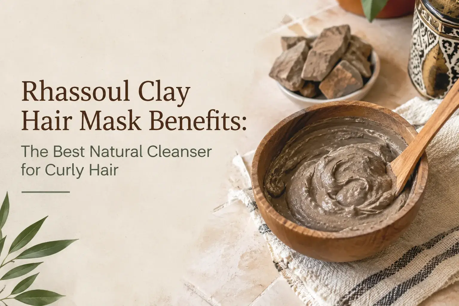 Brown Rhassoul clay powder in a rustic ceramic bowl, earthy