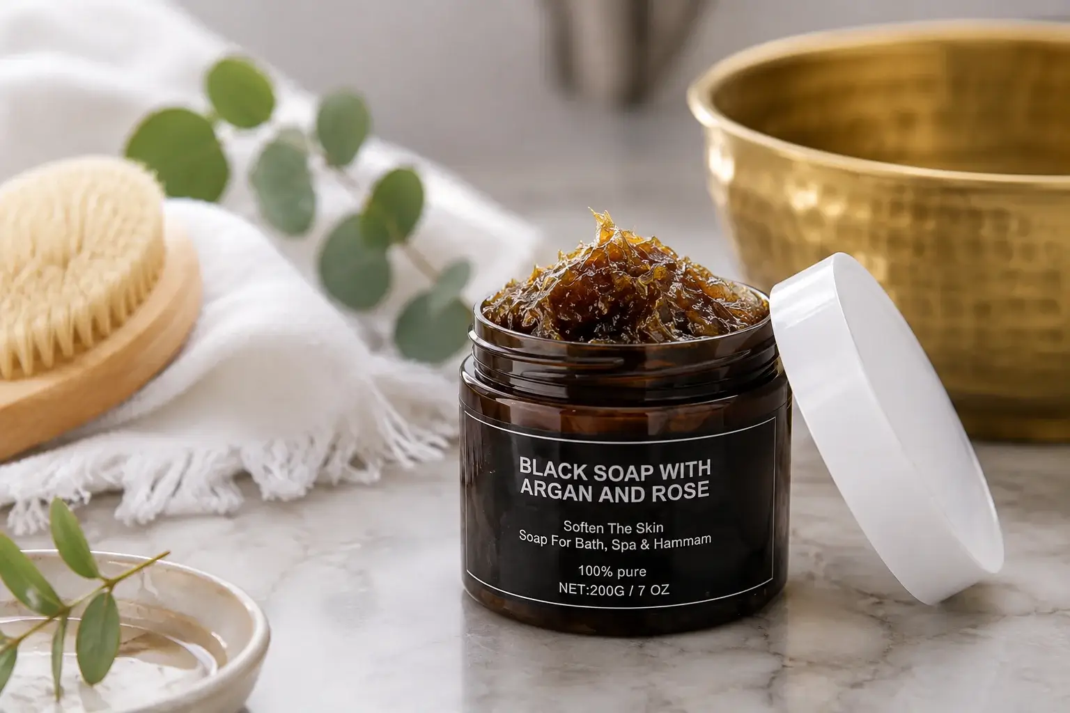 Wooden spoon scooping black soap from glass jar