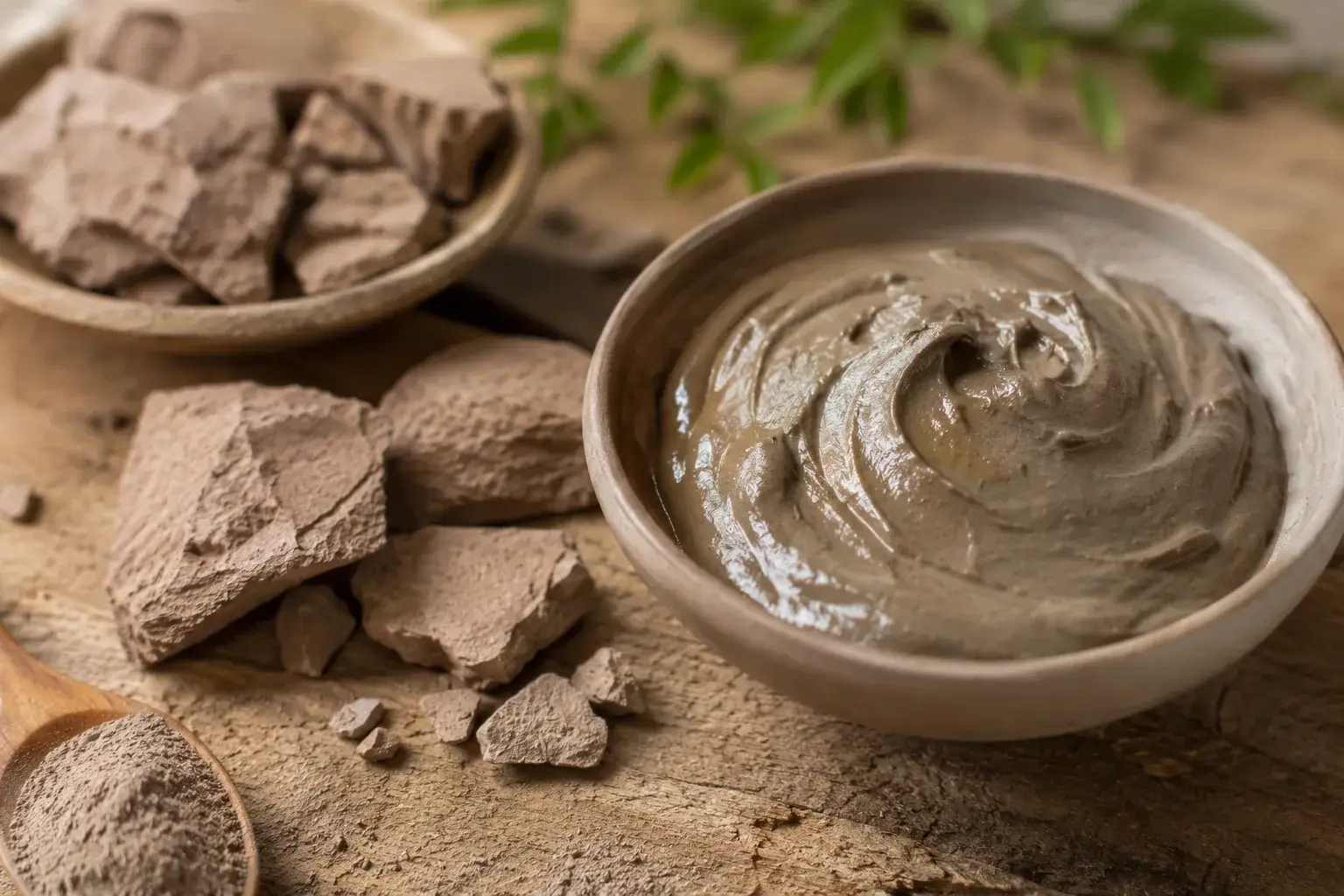 Raw rhassoul clay chunks and mud mask in bowl