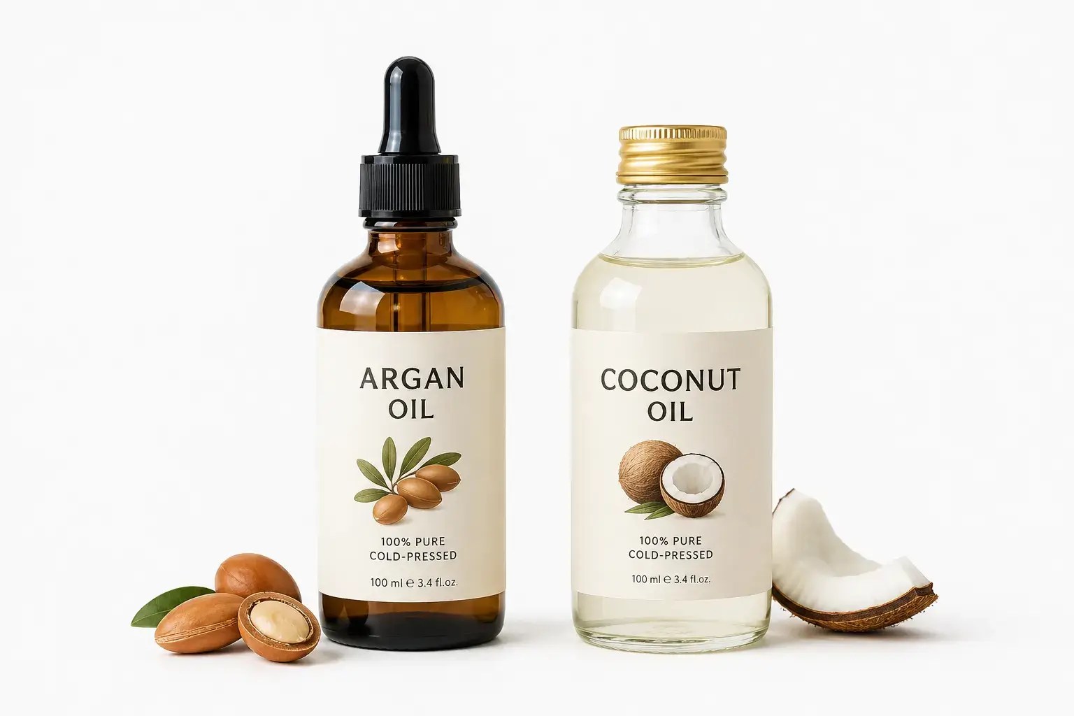 Argan oil and coconut oil bottles side by side on a minimali