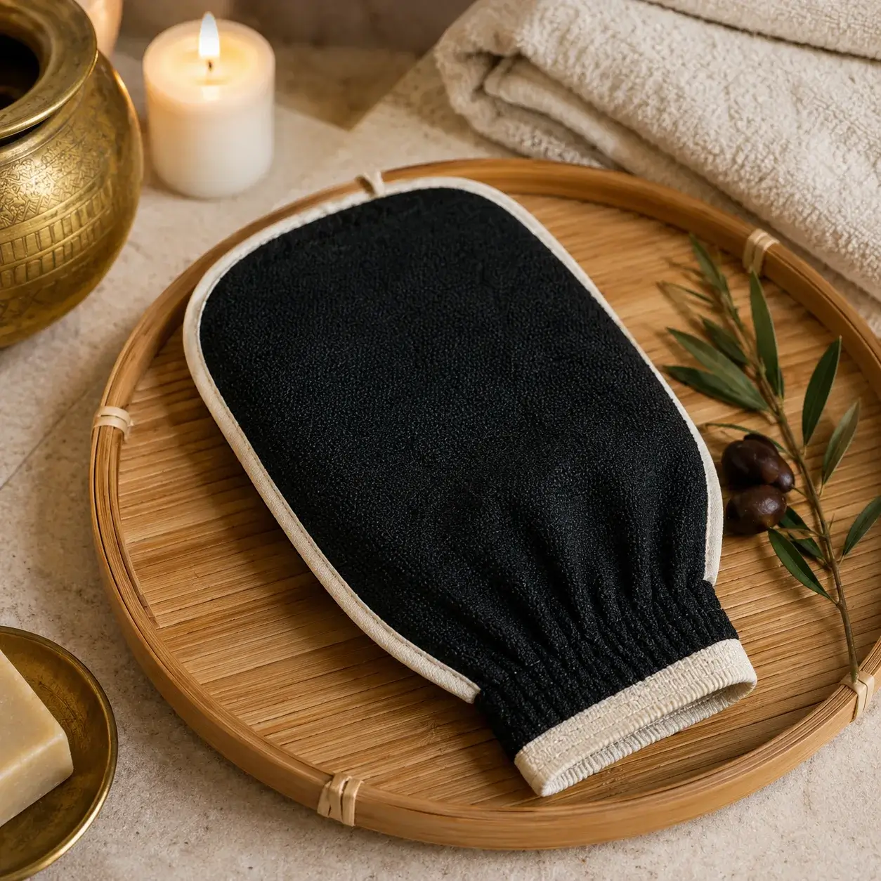 A traditional Moroccan Kessa glove on a bamboo tray, spa aes
