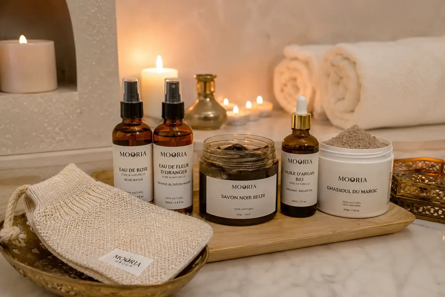 A relaxing home spa setup with candles and natural Moroccan