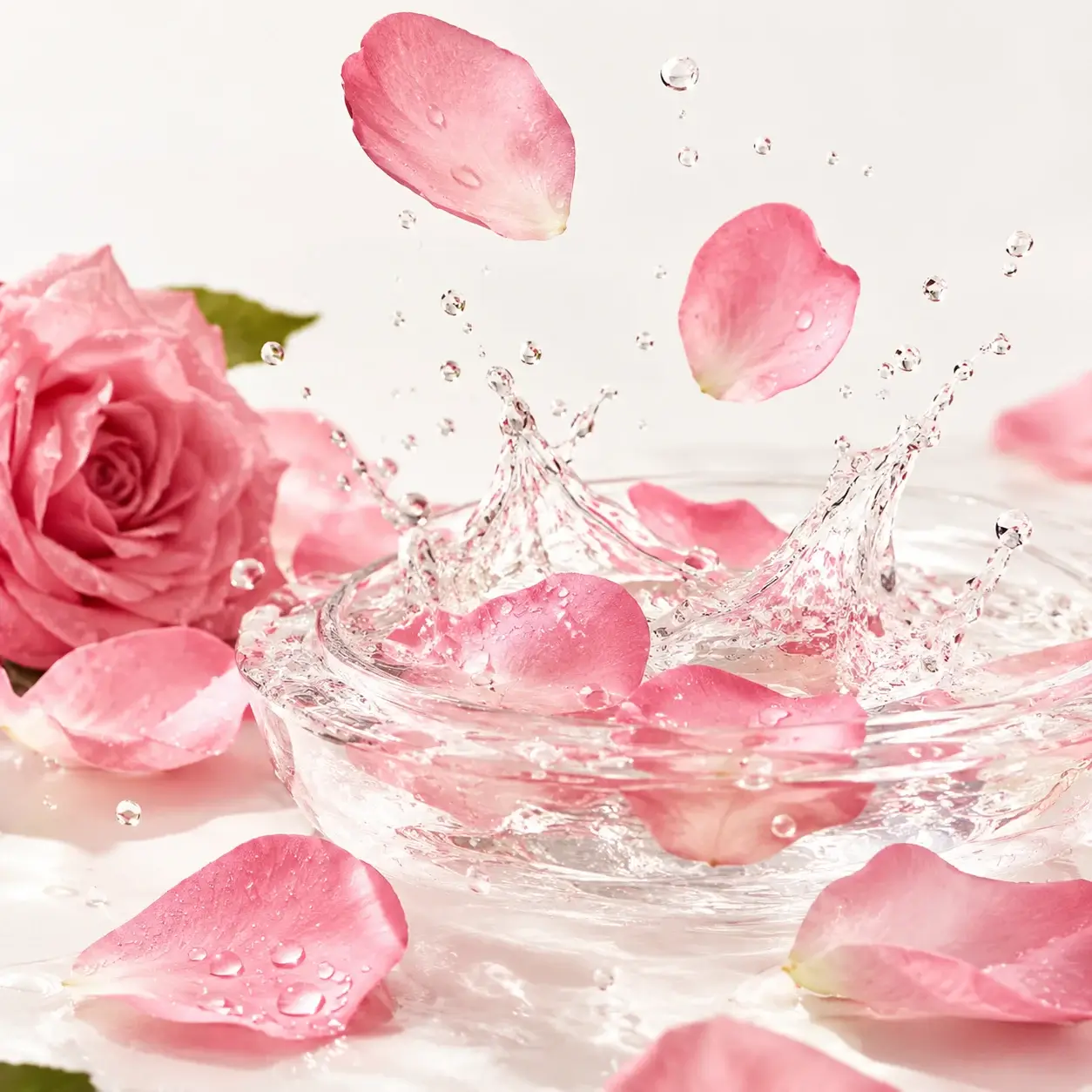 A splash of fresh rose water surrounded by delicate pink ros