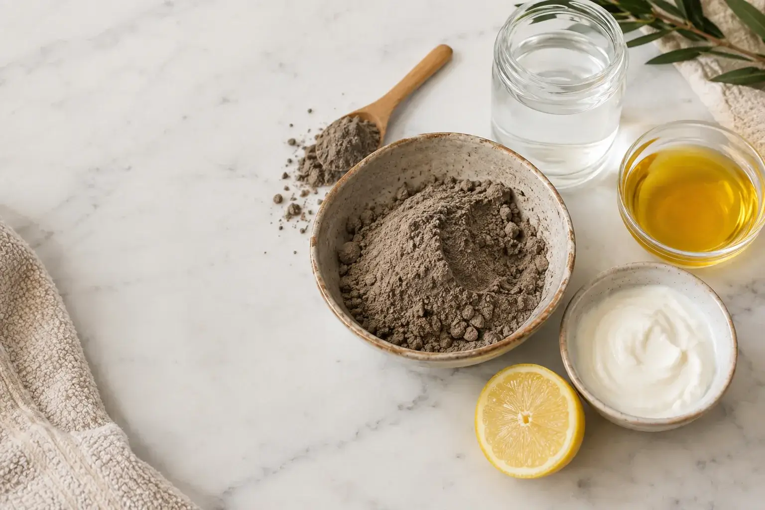 DIY clay face mask ingredients spread on a clean white marbl