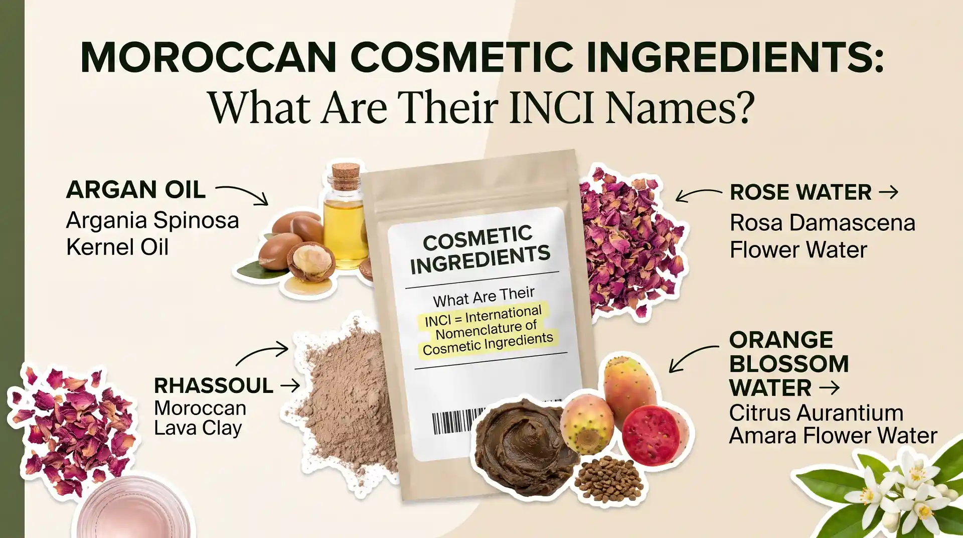 Graphic guide comparing Moroccan cosmetic ingredients like
