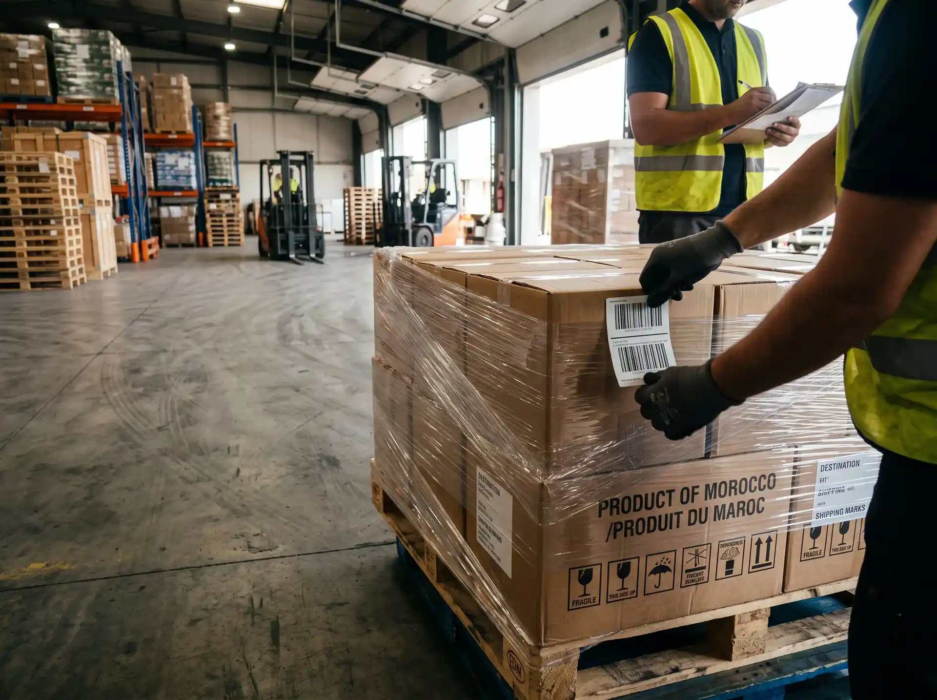 Palletized export goods in a Moroccan warehouse